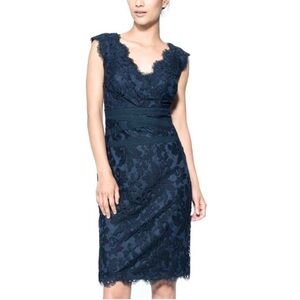 Tadashi Shoji, Navy Blue Lace Shift Knee Length Dress, Size 0 Petite